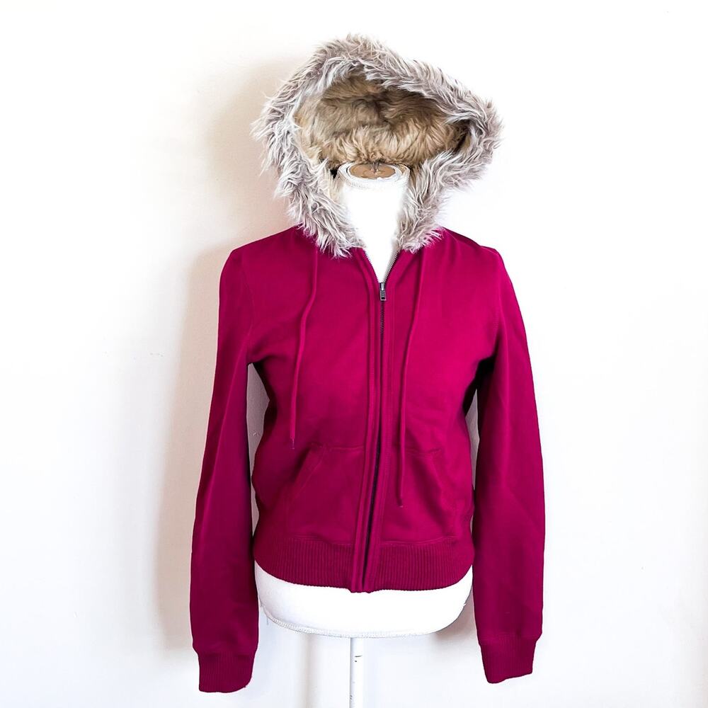 Vintage Y2K Forever 21 Faux Fur Womens Hoodie Jacket Size M‎ Red Bella Swan Zip